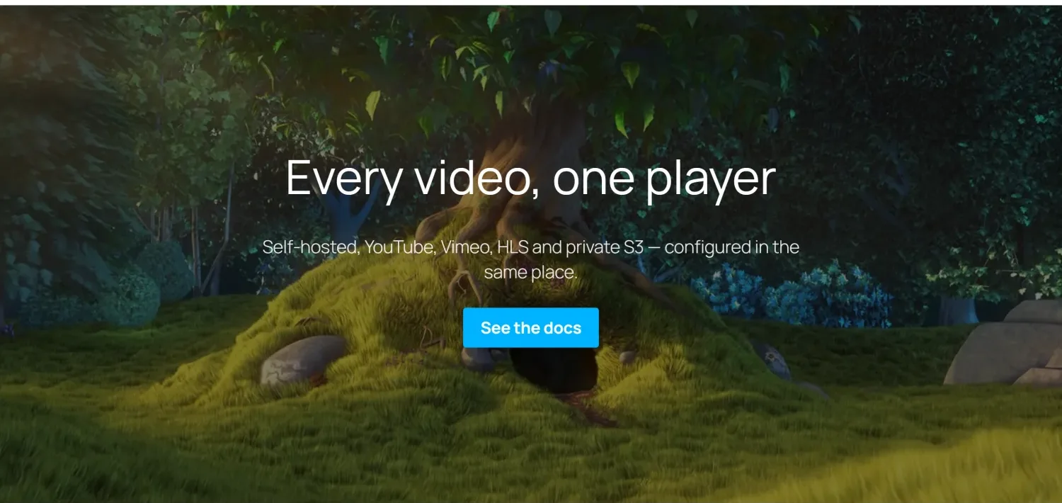A full-width hero video banner with a heading and a call-to-action button.