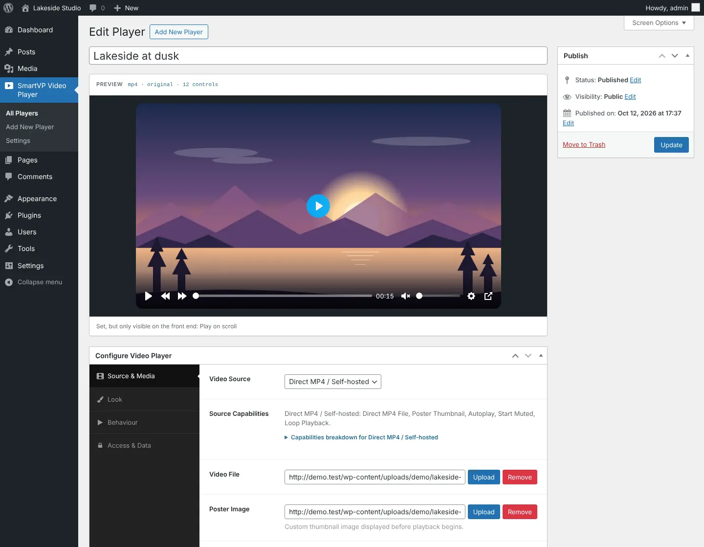 The SmartVP player editor in WordPress with the live preview above the Source and Media settings.