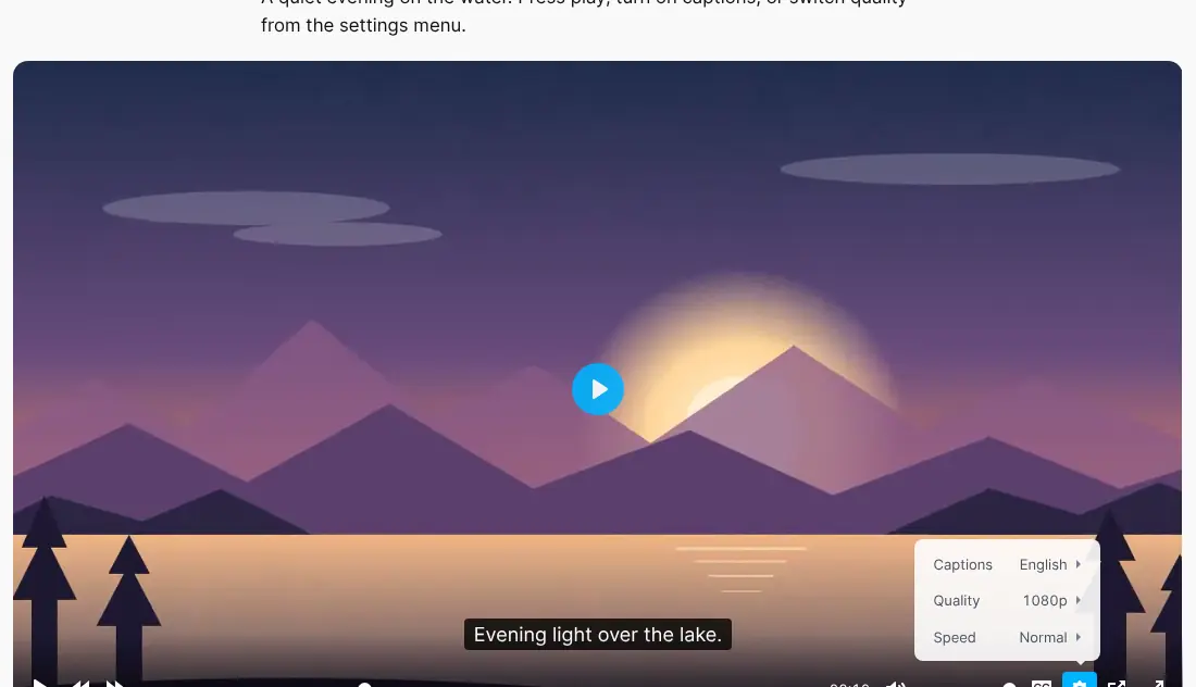 SmartVP Video Player on a page with English captions and the settings menu open, showing captions, quality and speed options.