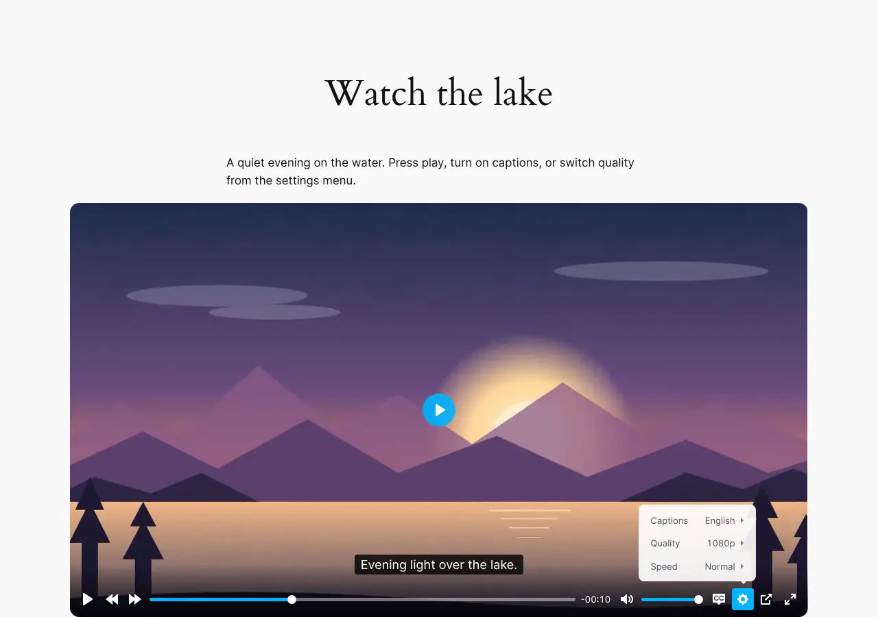 A self-hosted video with English captions and the settings menu open.