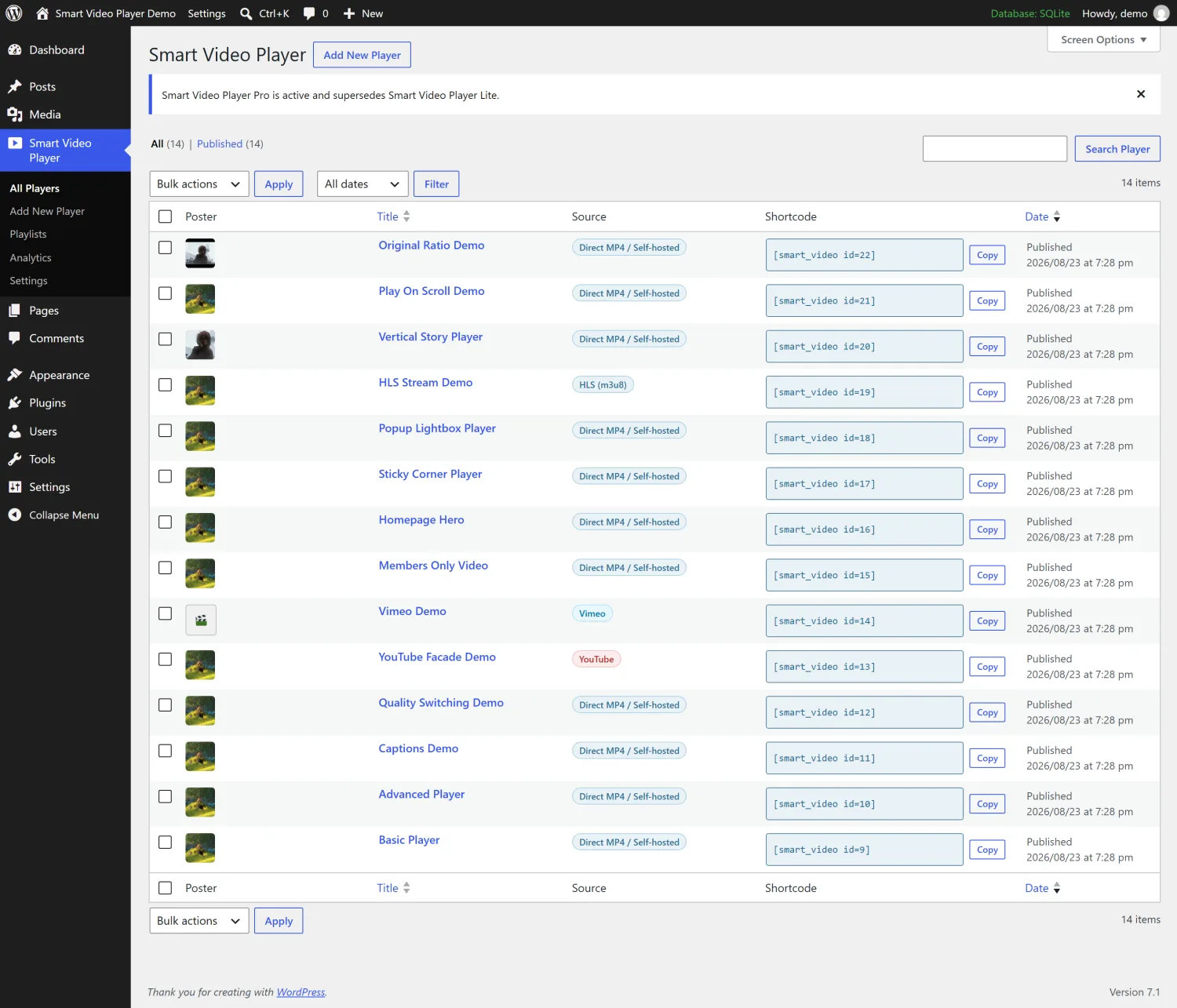 The All Players list table in wp-admin, with a shortcode column showing a copyable shortcode for each player.