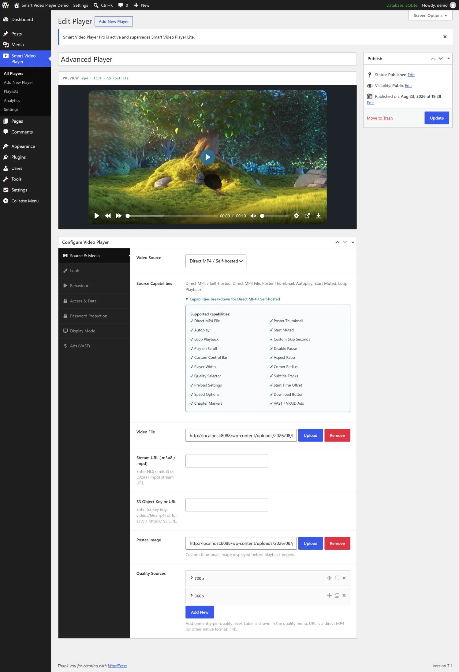The Source and Media tab of the player editor, showing the video source dropdown and an expanded capabilities readout listing twenty supported capabilities for a direct MP4 source.