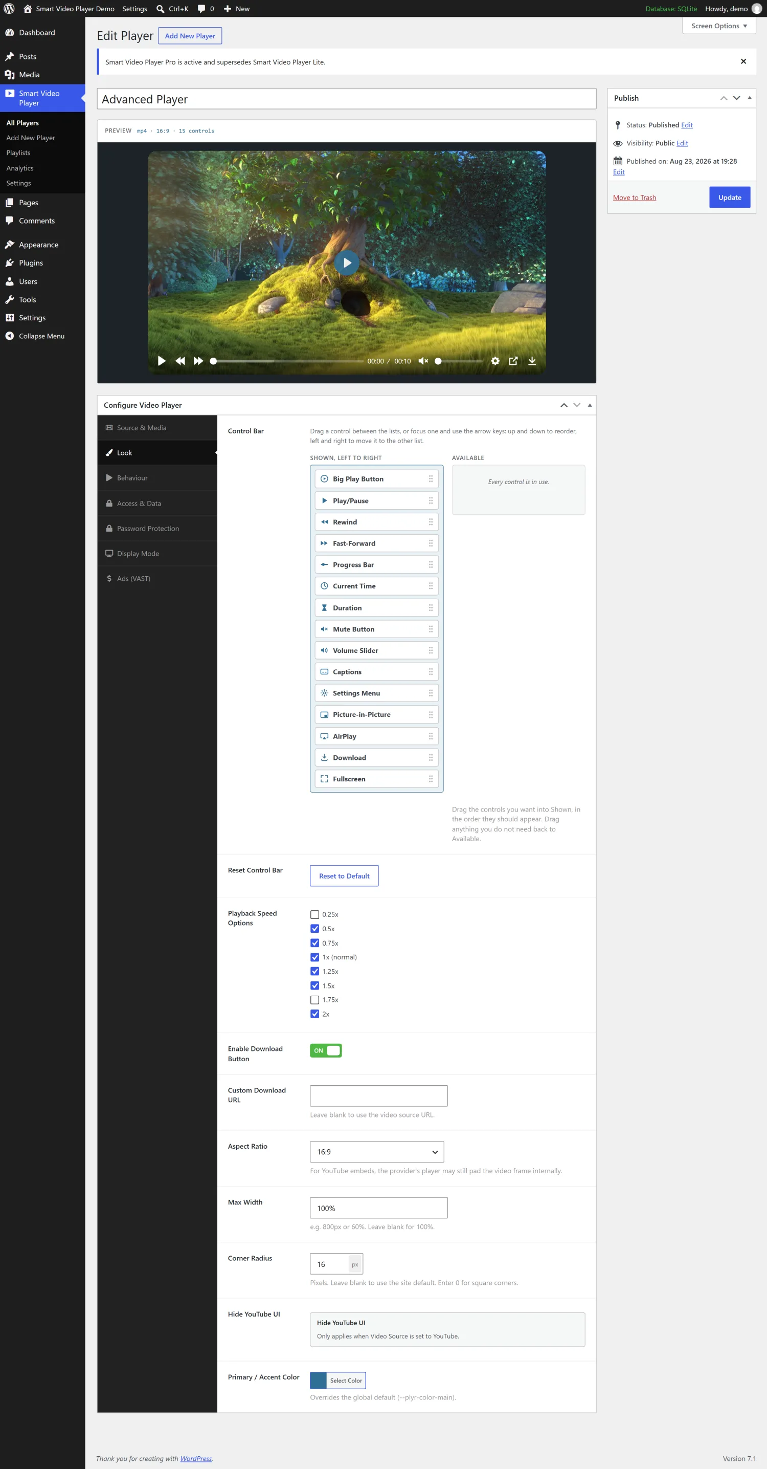The Look tab showing the drag-and-drop control bar sorter with all fifteen controls in the Shown list, playback speed checkboxes, aspect ratio, max width and corner radius fields.