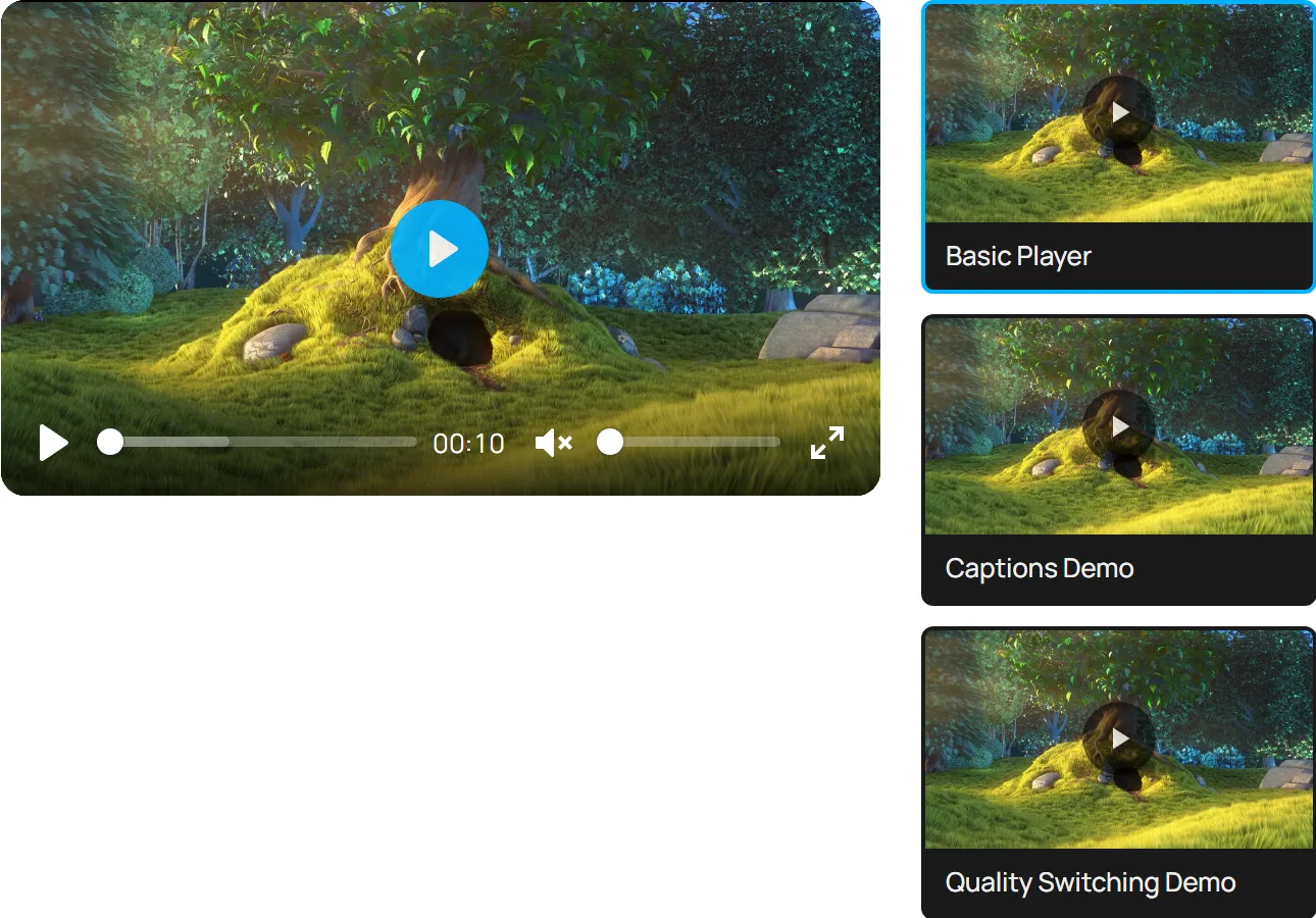 A playlist on the front end with the main player on the left and three thumbnails stacked on the right, the active item outlined.