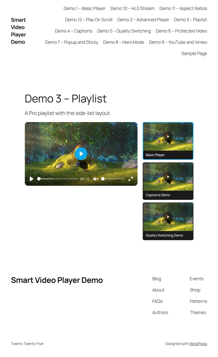 The playlist on an 834-pixel-wide tablet viewport, with the thumbnail list reflowing beneath the main player.