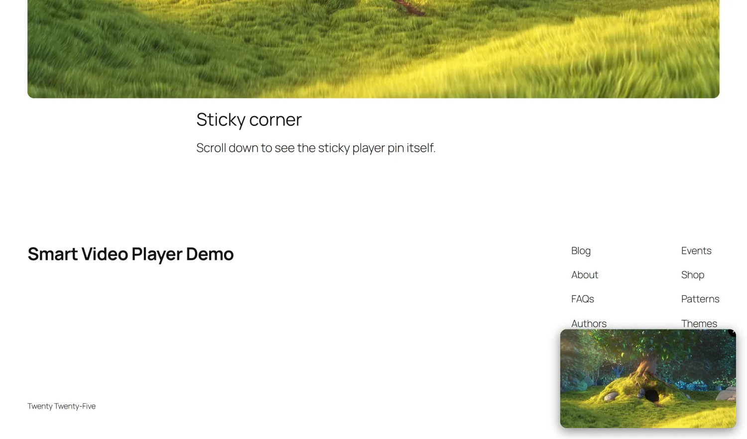 A page scrolled to the footer with the video pinned as a small player in the bottom-right corner, with a close button.